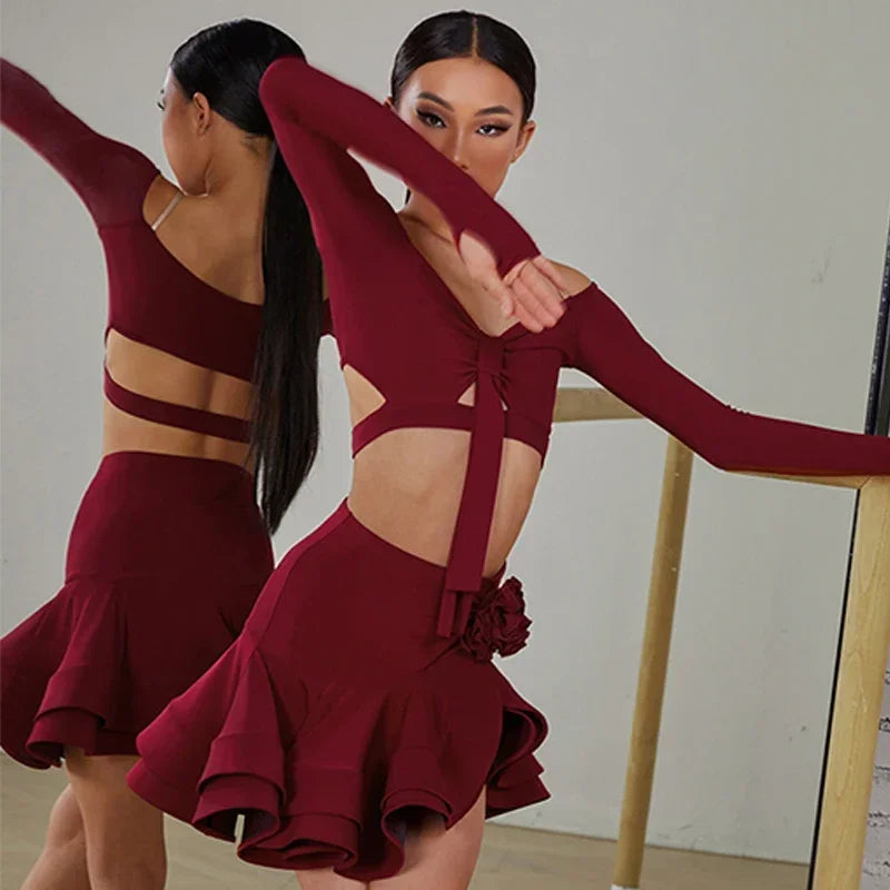 Latin Dance set Clothes Girls Long SLeeves Short Top Skirt Cha cha samba Performance Competition Dress Burgundy Black Dress Kids Secondary image