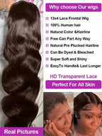 Chocolate Brown Body Wave Lace Front Wig Human Hair 220 Density Frontal Lace Wigs 30 Inch 13x6 HD Transparent Lace Human Wigs