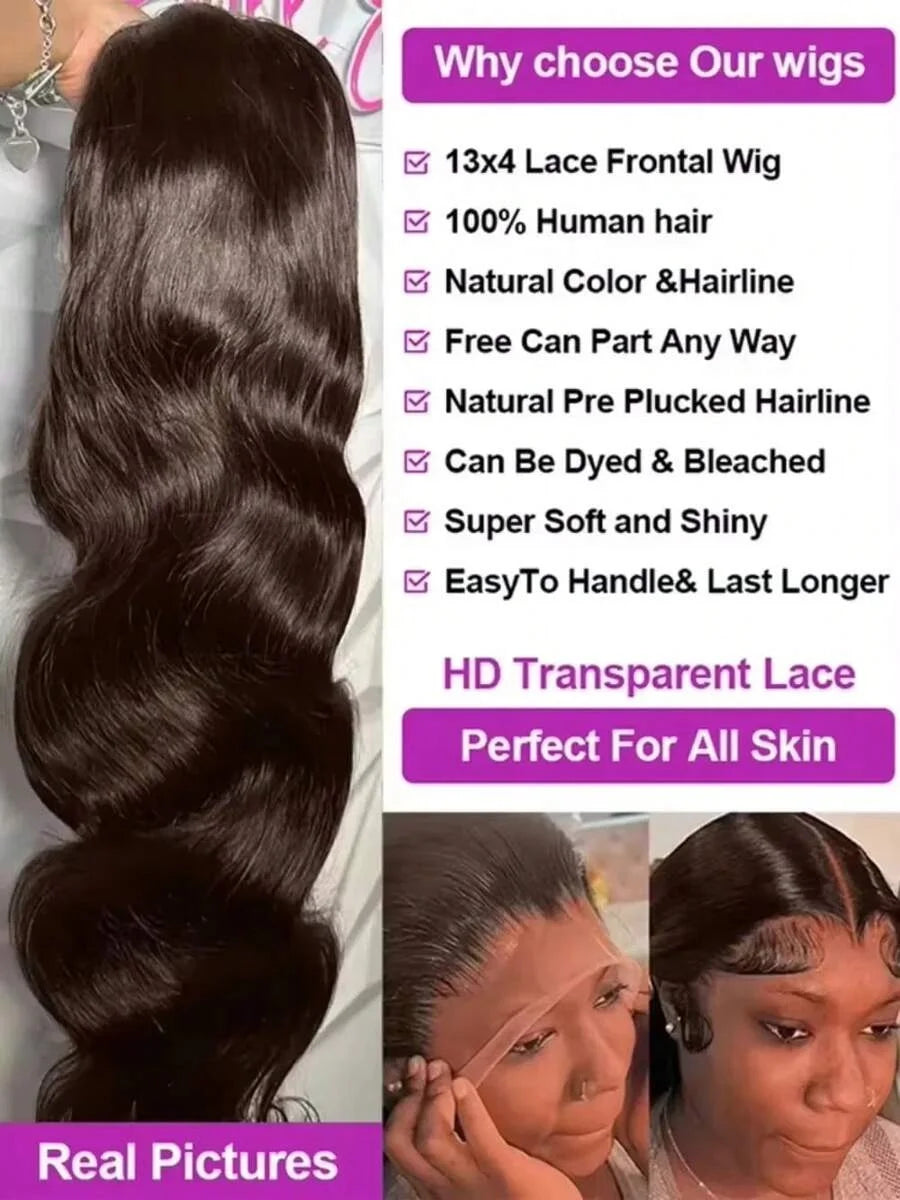 Chocolate Brown Body Wave Lace Front Wig Human Hair 220 Density Frontal Lace Wigs 30 Inch 13x6 HD Transparent Lace Human Wigs