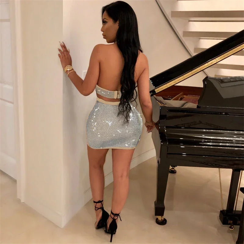 Sparkly Rhinestones Party Club Birthday Outfits for Women Two Piece Set Halter V-neck Crop Top and Mini Skirt Matching Sets