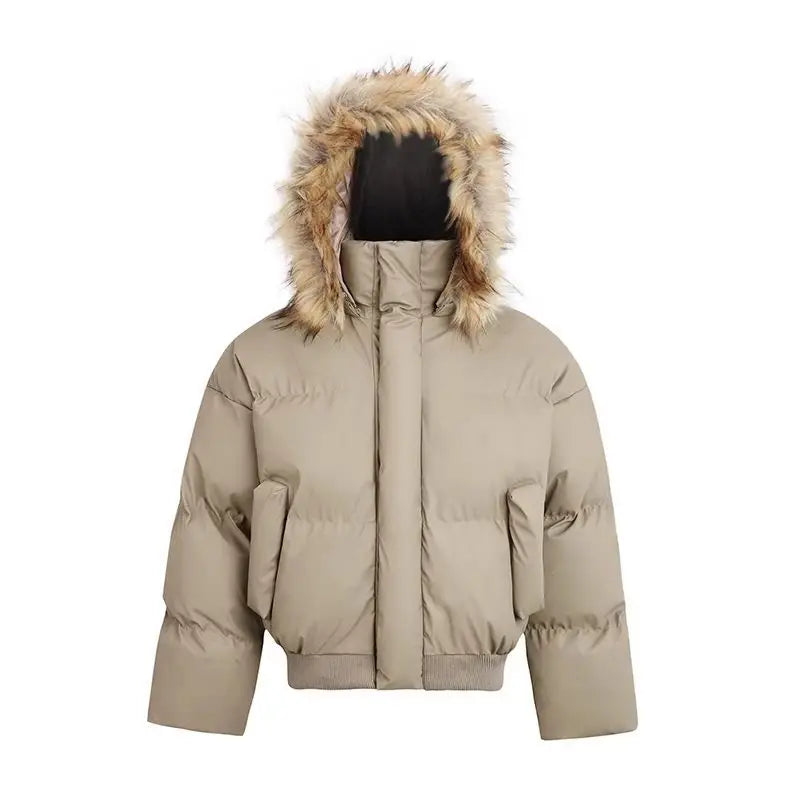 2024 American New Fashion Solid Color Fur Collar Hooded Cotton-padded Jacket Women Y2K Harajuku Gothic Hip-hop Pop Jacket Coat