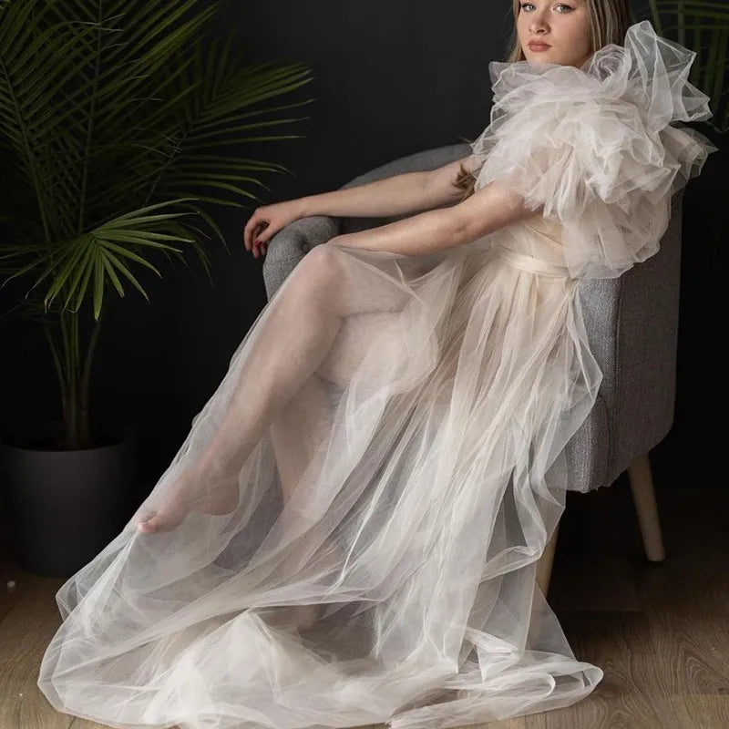 See Through Sexy Maternity Photoshoot Dresses One Shoulder Pregnant Women Photography Props Gowns Premama Evening Bathrobe Tulle