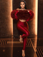 Kliou Furry Patchwork Slash Neck Jumpsuits Woman Autumn Trend Sexy Hollow Navel Exposed Skinny Peach Hip Hottie Fashion Clubwear