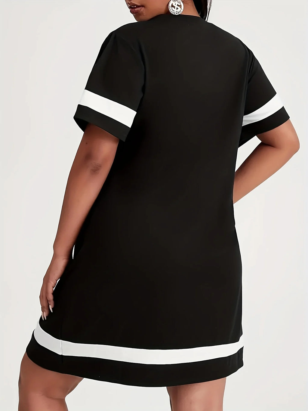 Plus Size Summer 2025 Women's Graphic Print Mini Dress Casual Sports Style with Drop Short Sleeves Black White Stripe Clothes