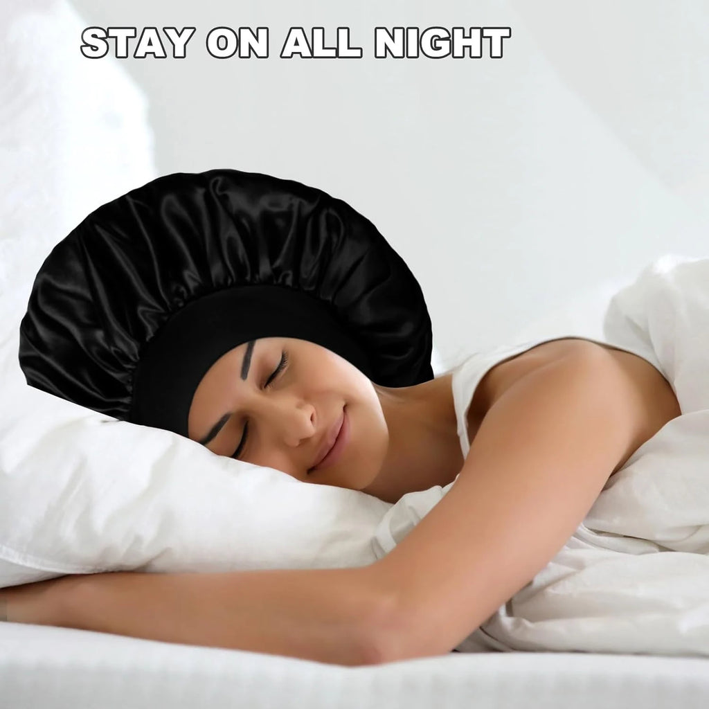 2pcs Women's Fashion Bonnet Large Wide Edge Elastic Hat Casual Silk Smooth Tint Suitable for Curled Straight Hair Sleeping Hat