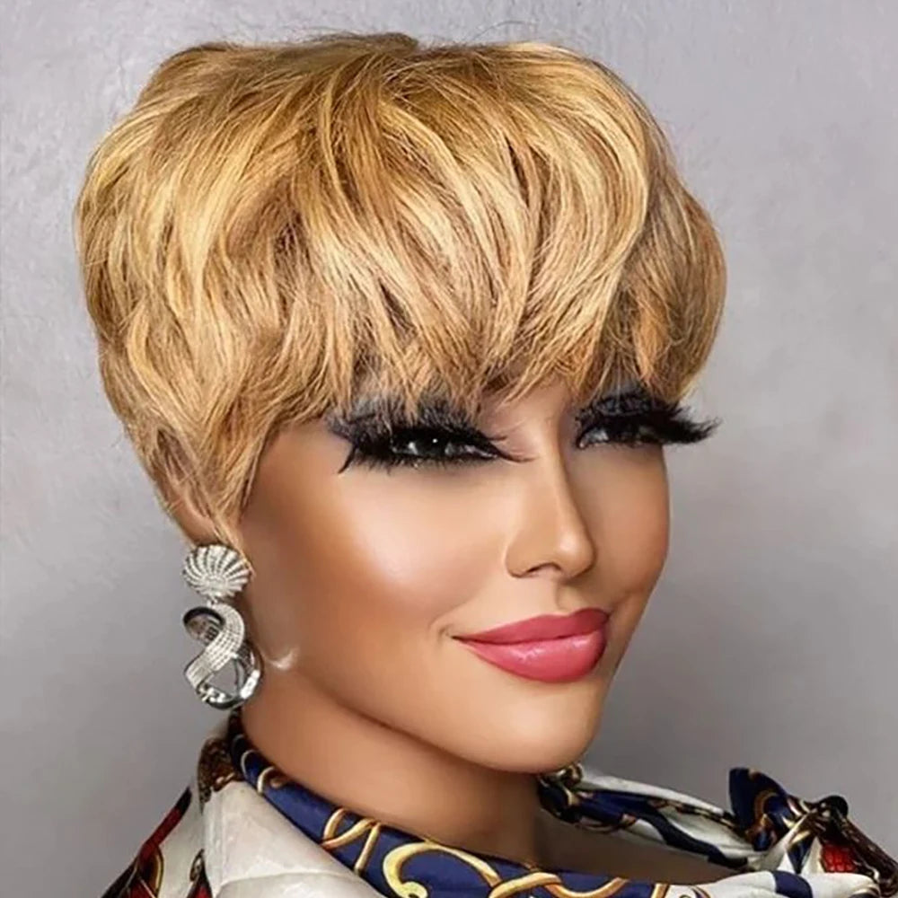 Brown Short Pixie Cut Wig Human Hair For Black Women Machine Made Wigs With Bangs Colored Brazilian Wig Human Hair Wigs Main image