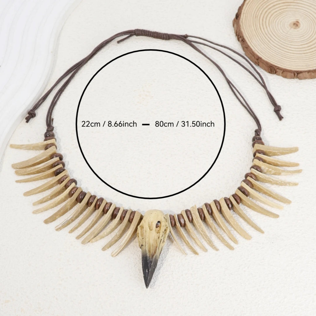 1 piece of vintage Viking crow skull coconut shell necklace - resin animal shaped irregular long teeth, Gothic style jewelry,