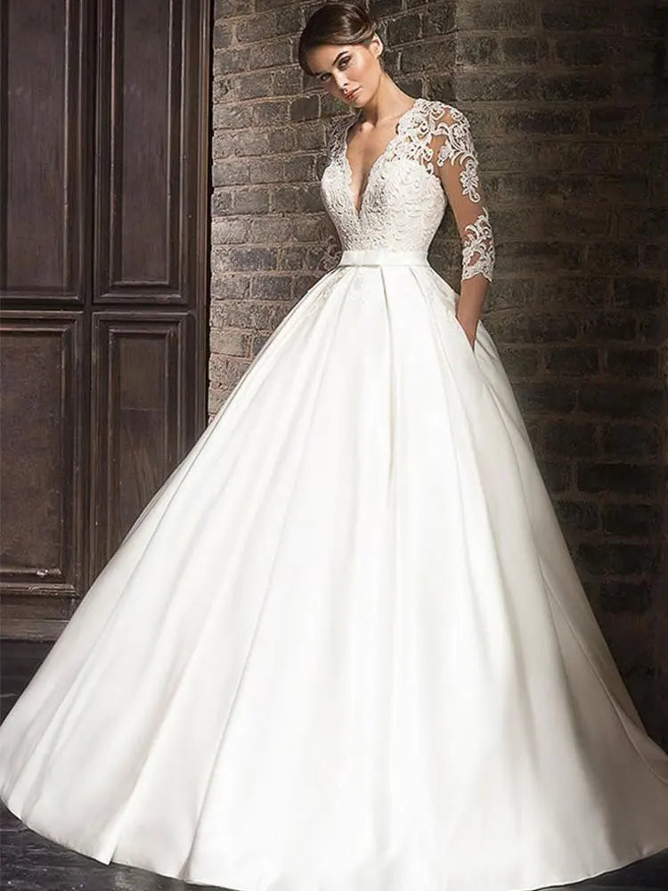 Elegant Lace Wedding Dresses vestido de novia 2026 Half Sleeves V-Neck Bride Dress Sweep Train Pockets Customize Robe De Mariee