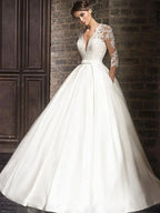 Elegant Lace Wedding Dresses vestido de novia 2026 Half Sleeves V-Neck Bride Dress Sweep Train Pockets Customize Robe De Mariee