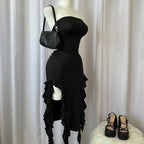 Women Strapless Sexy Floral Fold Hemline High Slit Mini Dress  2026 Solid Backless Sleeveless Black And Pink Party Dress Vestidos