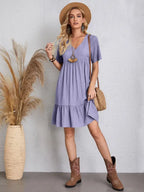 Elegant Solid V Neck A Line Dress 2024 New Summer Ruffles Loose Mini Dress Casual Short Sleeve Beach Party Vestidos Streetwear