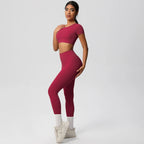 2PCS Woman Gym Sports Yoga Set Knitted Slim Workout Top Short Sleeve Quick Drying Legging Fitness Pants Running Sports Yoga Suit