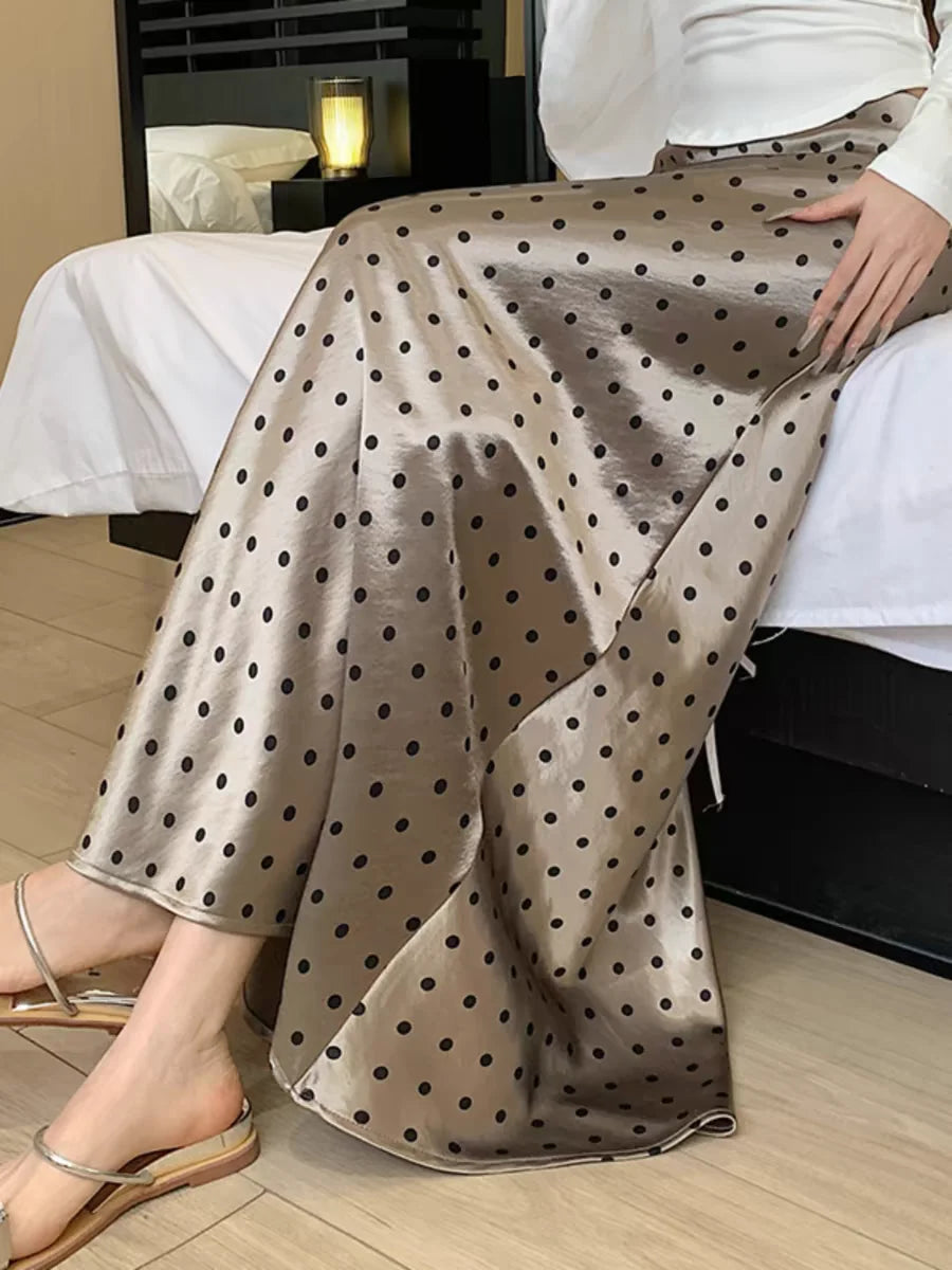 Women Polka Dot Acetate Satin Mermaid Maxi Skirt High-Waisted Slimming Fishtail Hem with Draped Elegance for Spring Autumn