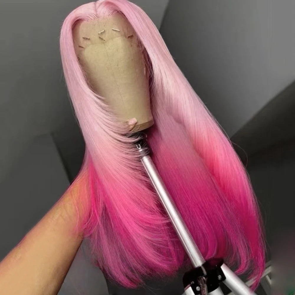 13x4 Ombre Pink Wig Layered Cut Silky Straight Synthetic Lace Front Wig for Women Heat Resistant Synthetic Hair Daily Use Main image