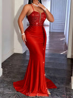 Spaghetti Strap Cutout Sequin Patch Mermaid Train Maxi Dress Elegant Evening Formal Gown
