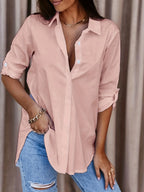 Plus Size Formal Shirt Plain Long Sleeve Turn DownCollar Button Up Workwear Shirt Women's