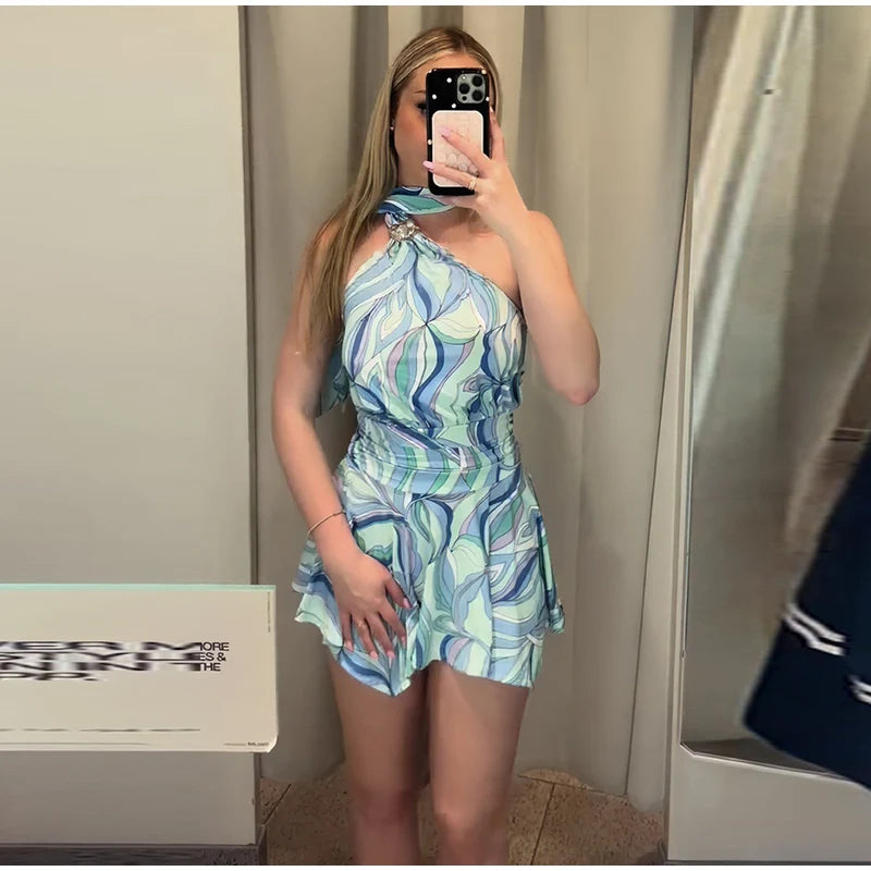Swirl Print Women's Mini Dress Sexy Halter Neck Sleeveless Backless Ruffles Dresses Female 2026 Summer Fashion Beach Vestidos
