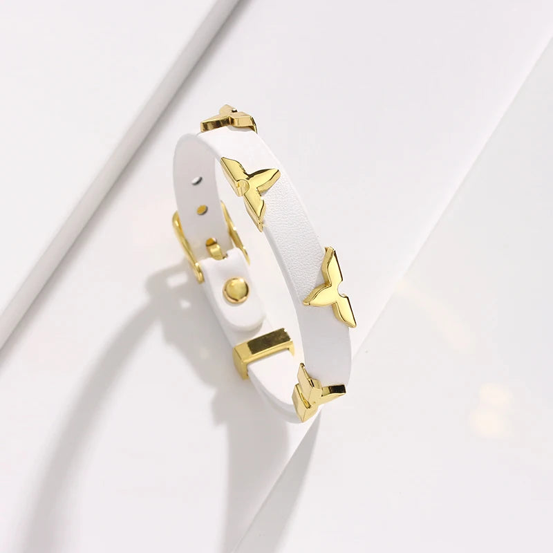 Fashion Leather Bracelet for Women Men with Gold Tone Butterfly Studs, Adjustable Wristband, 6 Colors Available, Trendy Gift