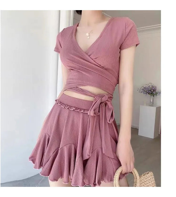 Women'sSwim Set Ribbed V Neck Wrap Crop Top With Tie Waist And Ruffled Flared Skirt Cover Up Modest Summer Bathing Suit Swimwear