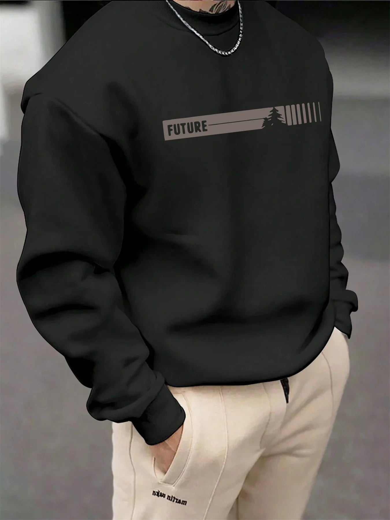 Men's autumn and winter fashionable casual loose futune letter graphic printed long sleeved round neck sweatshirt