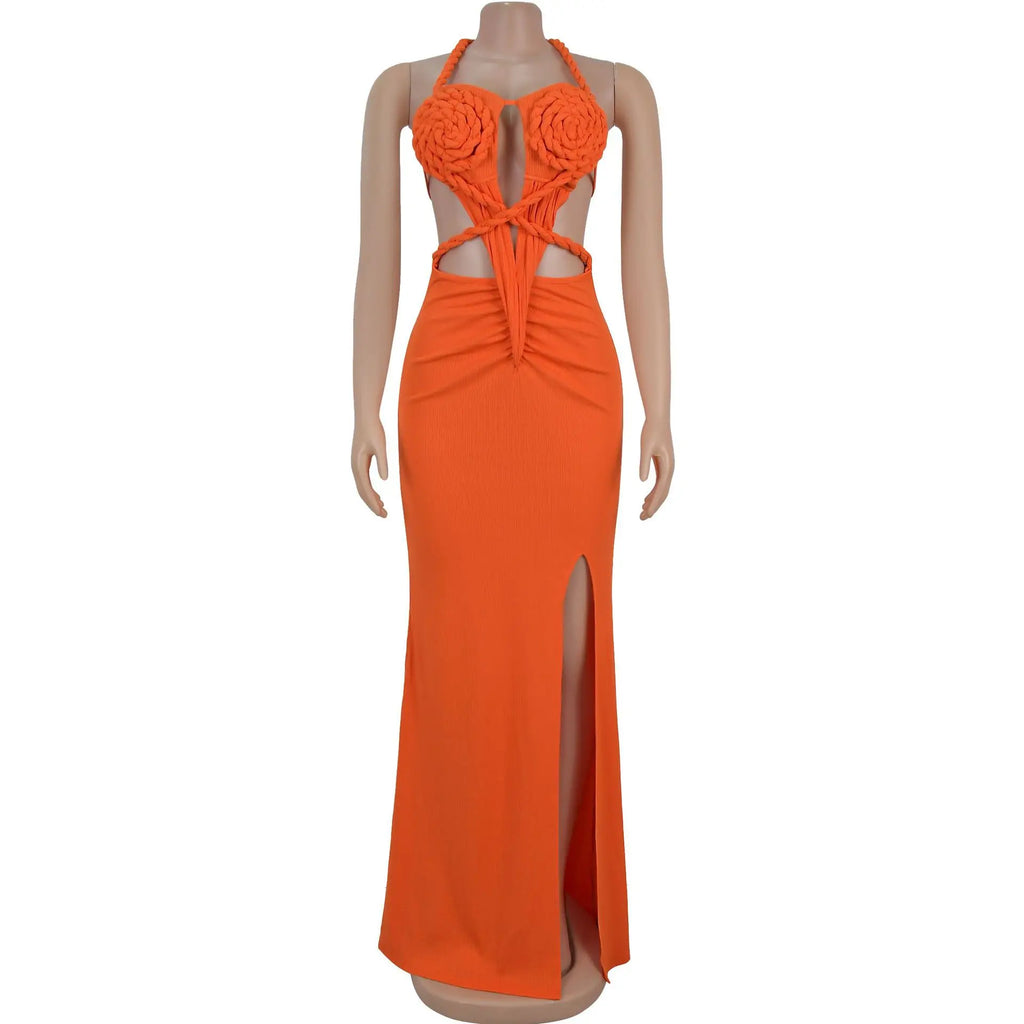 Women's Hollow Out Sleeveless Sexy Knitted Halter Neck Backless Solid Color Dress for Summer 2025