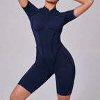 Seamless Yoga Jumpsuits Sports Fitness Zipper Hip-lifting Short-sleeved Backless Dance Workout Gym Shorts Bodysuits for Women