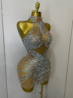 STOCK Sparkly Rhinestones Sexy Mesh See Through Dress Party Evening Prom Celebrate Birthday Dress Singer Dancer Show Stage Wear