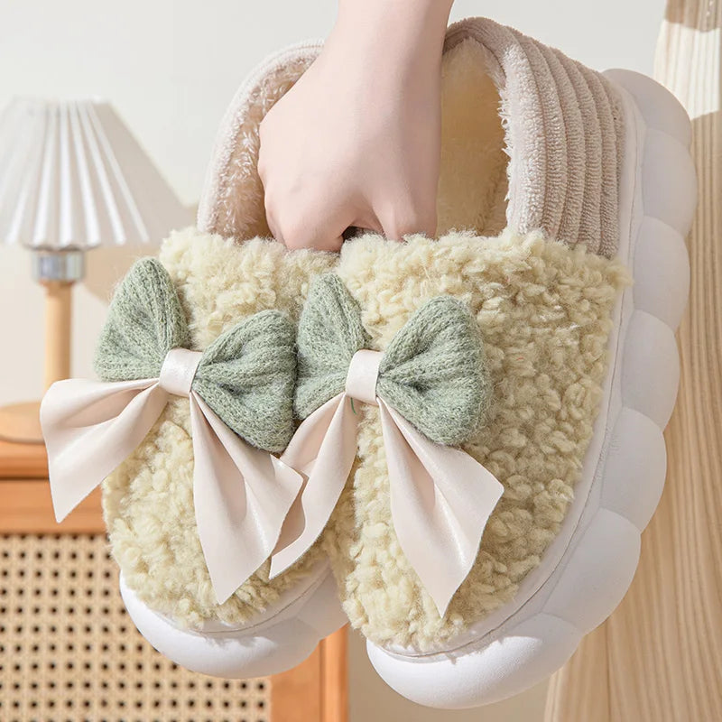Cotton slippers for Women Autumn and Winter Thick Sole Indoor Home Warm Couples Shoes Bow Non-Slip Flat Platform Women's Slipper