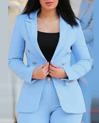 Spring Autumn Women's Solid Color Long Sleeve Suit Fashion A Button Slim-fit Wrap Buttock Pencil Pants Female Office 2 Piece Set