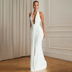 Sexy Deep V-neck Backless Halter Maxi Dresses Women's Sleeveless High Waist Bodycon Pleated Robe 2026 New Evening Party Gown