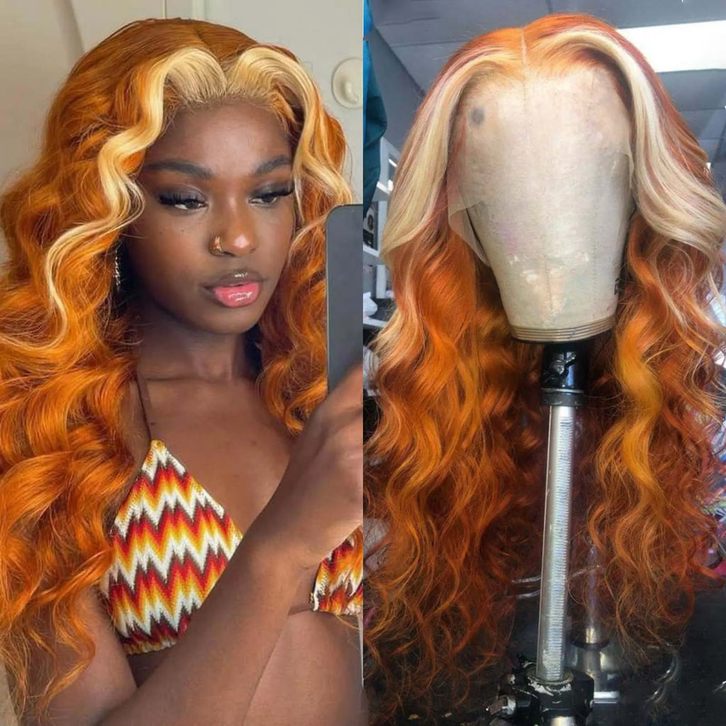 Ginger Wig with Blonde Highlights Wig Synthetic Lace Front Wig Loose Deep Long Curly Wavy Hair 13X4 Frontal Wigs for Women Party