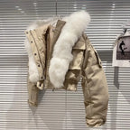 Big Fox Fur Collar Removable Rabbit Liner Short Coat Jacket for Women Winter Elastic Hem Hooded Jackets Wram Fashion Outwear