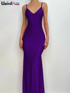 Weird Puss Sexy Backless Women Evening Maxi Dress Folds V-Neck Sleeveless Coquette Elegant Mermaid Matching Banquet Prom Bodycon