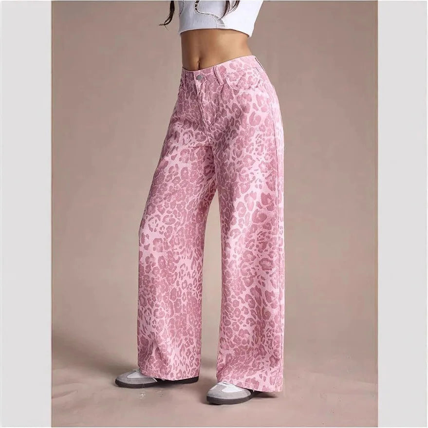 2026 New Pink Women's Jeans, Female Leopard-Print Pants for Spring and Fall.