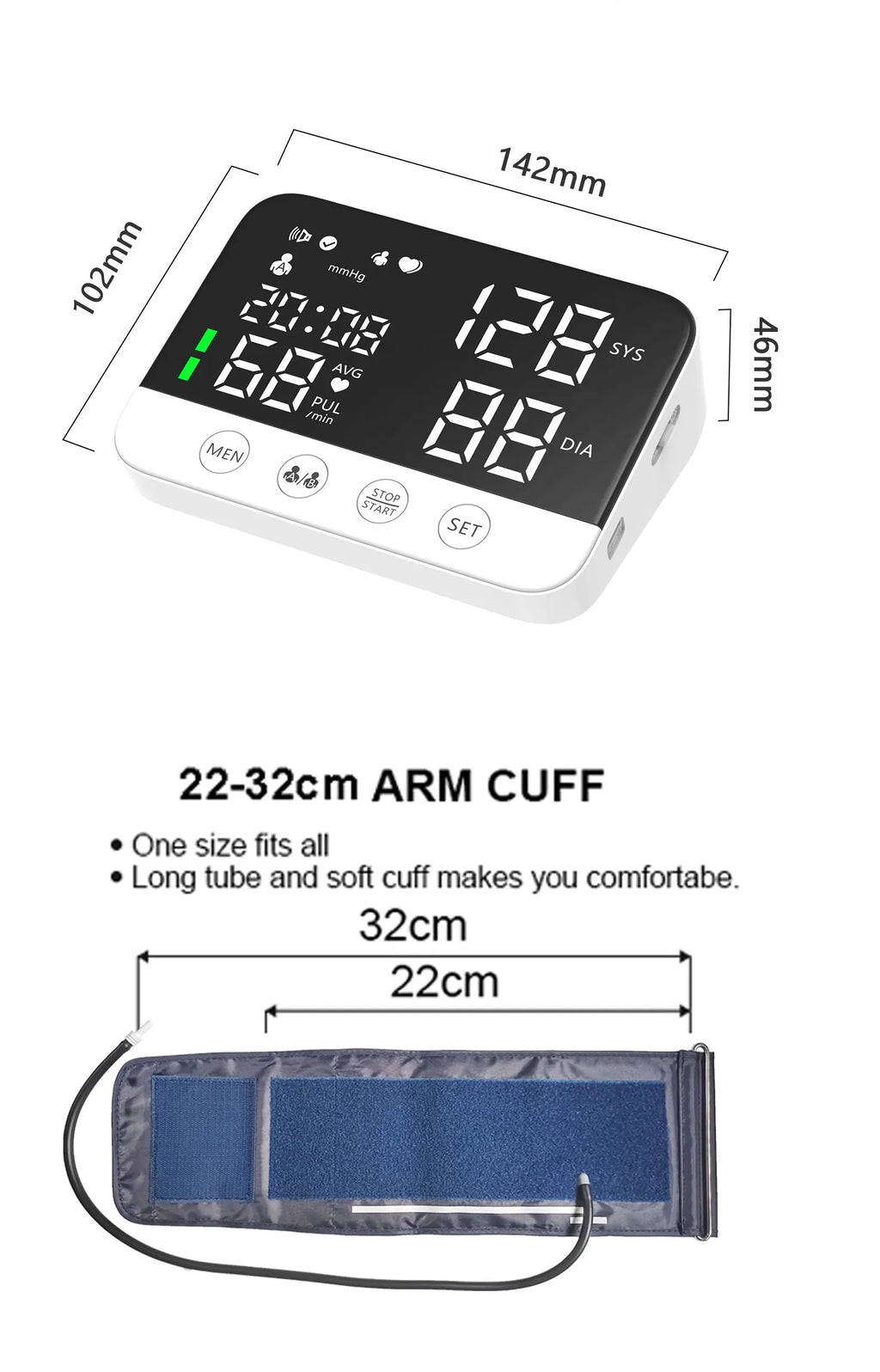 Blood Pressure Monitor Arm Cuff Tensiometer Tonometer Digital Voice Sphygmomanometer Electronic Medical BP Monitors Rechargeable