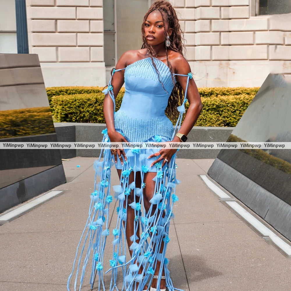 Pink Gorgeous Straight Cocktail Dress With Flowers Tassels Beads Luxury Birthday Dress African Sexy Evening Dresses Customized