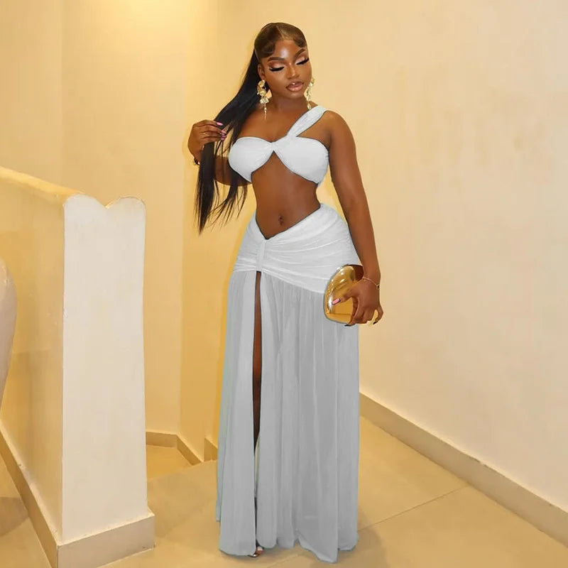 Mesh Ruched Sexy Club Outfits Woman 2026 Birthday Strapless Crop Top and High Split Long Skirt 2 Piece Set Conjuntos Femininos