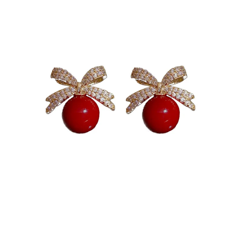 Sparkling Rhinestone Bow Pearl Stud Earrings Light Luxury Fashion Jewelry Women Gifts Wedding Birthday
