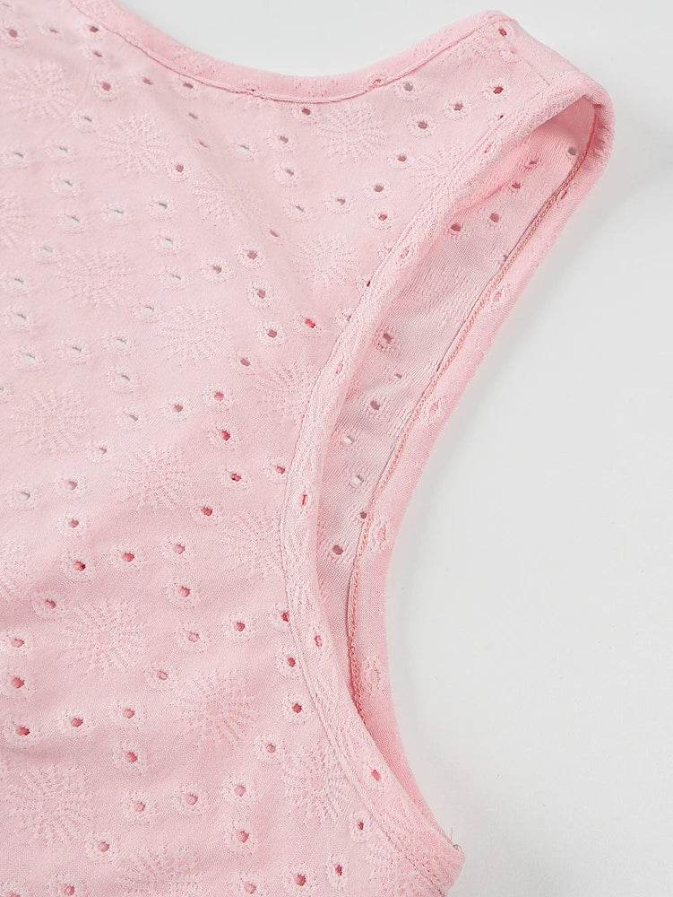 Women's Solid Colour Burned Flower Embroidery Ruffled Hem Mini Sleeveless Dress Elegant, Sensual, Pink Girly Style