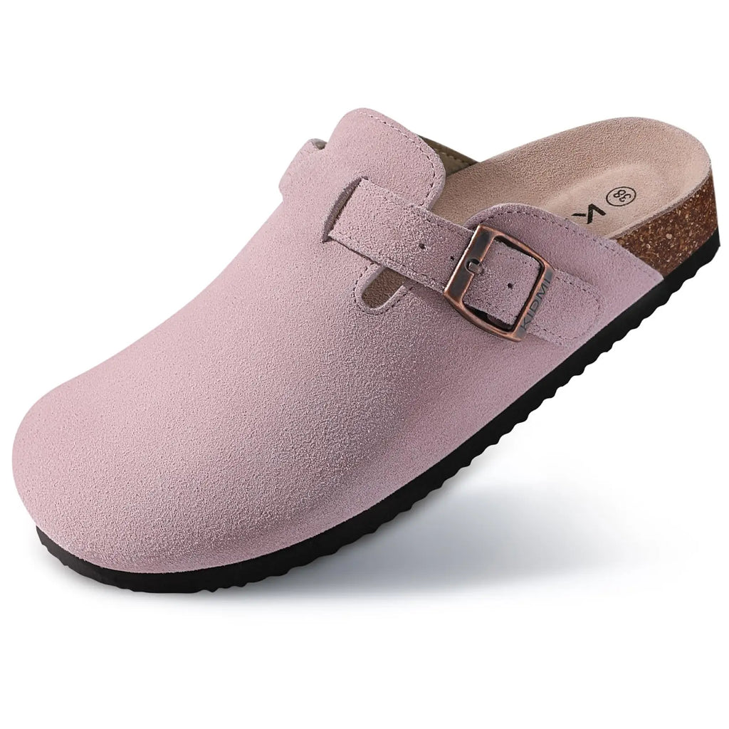 Kidmi Men's Suede Clogs Cork Footbed Clogs for Women Soft Leather Adjustable Buckle Slip-on Potato Shoes Sandals Beach Slippers