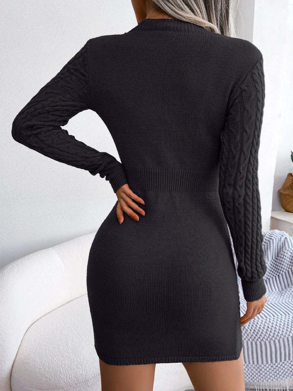 VigoCasey 2026 Blue Casual Short Knit Dress Autumn Winter Women Long Sleeve Dress Sexy Lady Solid Hollow Bodycon Knitted Dresses