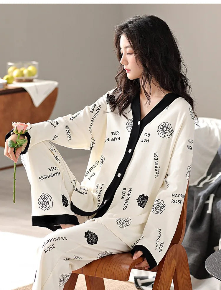 Women Spring and Fall Two-Piece Pajamas Cardigan Long-Sleeved Long Pants Thin Section Polka Dot Printing Maternity Homewear Secondary image