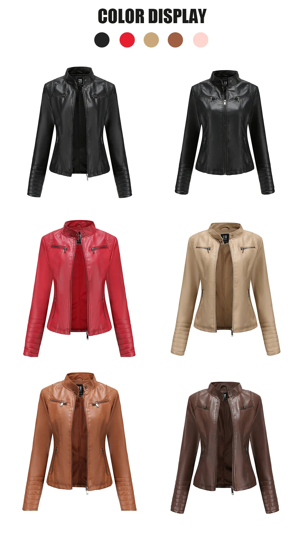 Women's Slim Leather Jacket, Stand-up Collar, Zipper Stitching, Monochromatic Coat, Fashion Clothing, New