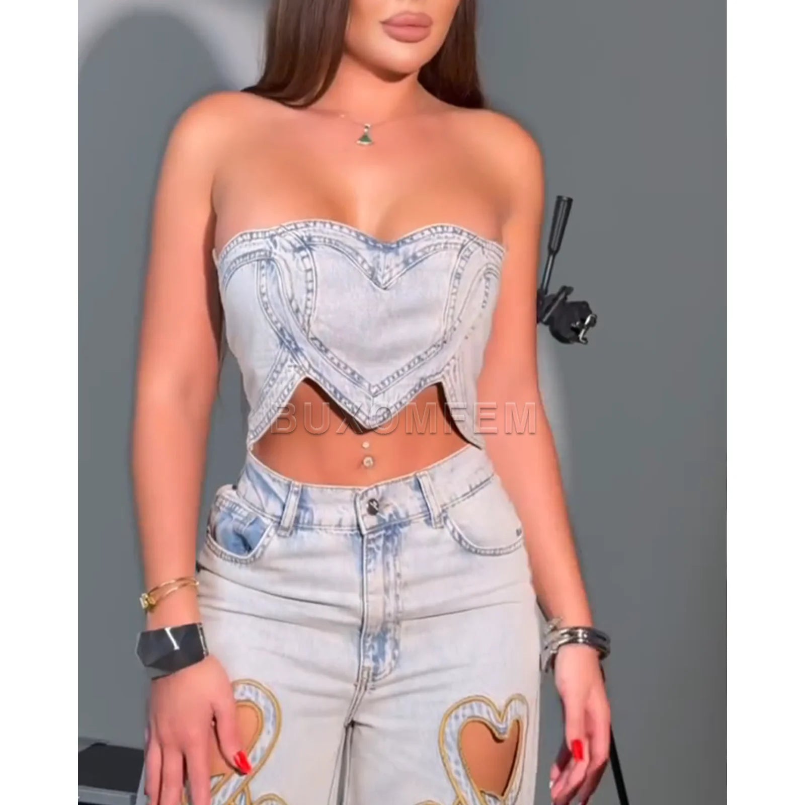 High Waisted Heart-Shaped Hollow Straight Leg Jeans Set Women's Loose Jeans Streewear Stylish Wide Leg Trousers Denim Pants Secondary image