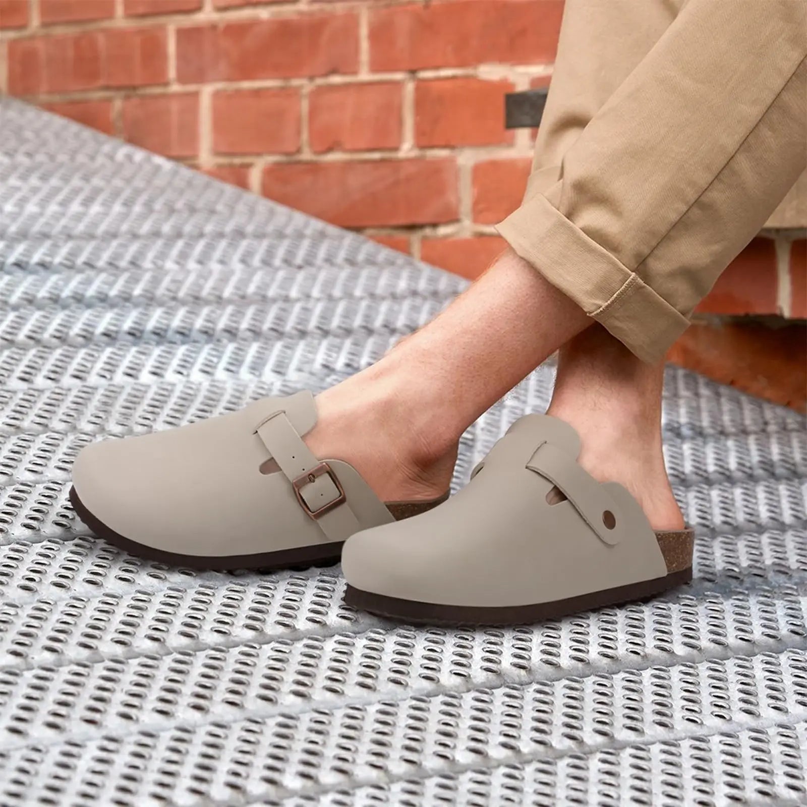 Kidmi Men's Suede Clogs Cork Footbed Clogs for Women Soft Leather Adjustable Buckle Slip-on Potato Shoes Sandals Beach Slippers