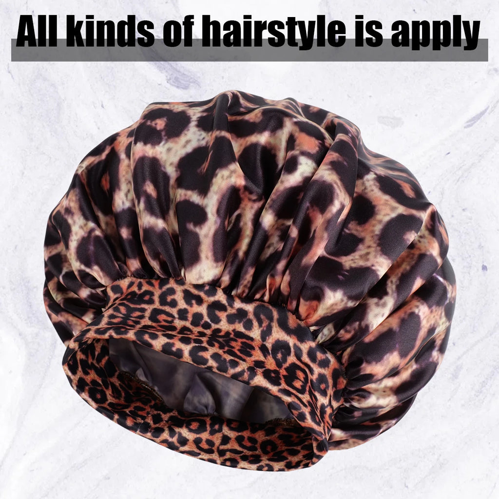Luxurious Women's Satin Sleep Bonnet All-Over Leopard Print Nightcap for Hair Care And Fashion Style
