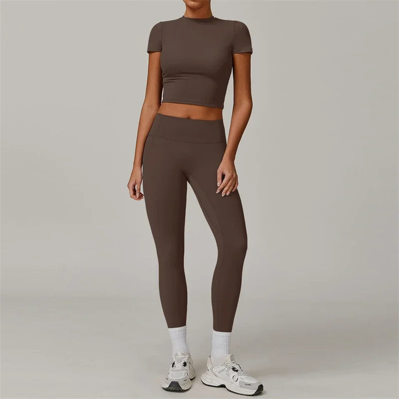 2 Pieces Women Yoga Set Workout Sportswear Gym Clothing Fitness Short Sleeve Crop Top High Waist Leggings Sport Suits