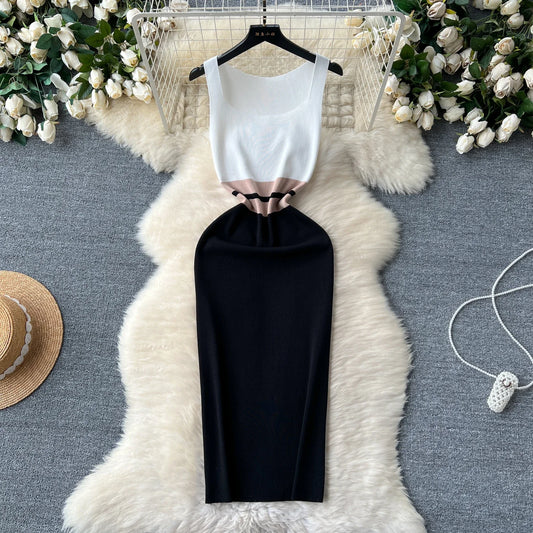 Patchwork Knit Bodycon Dress Women Maxi Dress Elastic Summer Elegant Sleeveless Dress Fashion Dresses