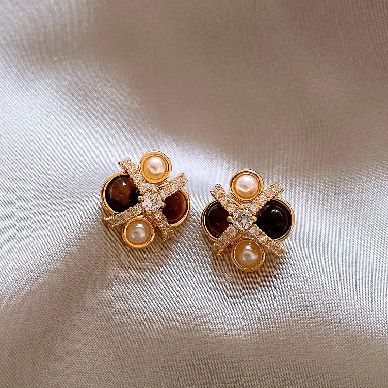 2026 New Design Natural Tiger Eye Stone Micro inlaid Zircon Geometric Earrings for Women's Trendy Jewelry Luxury Accessories