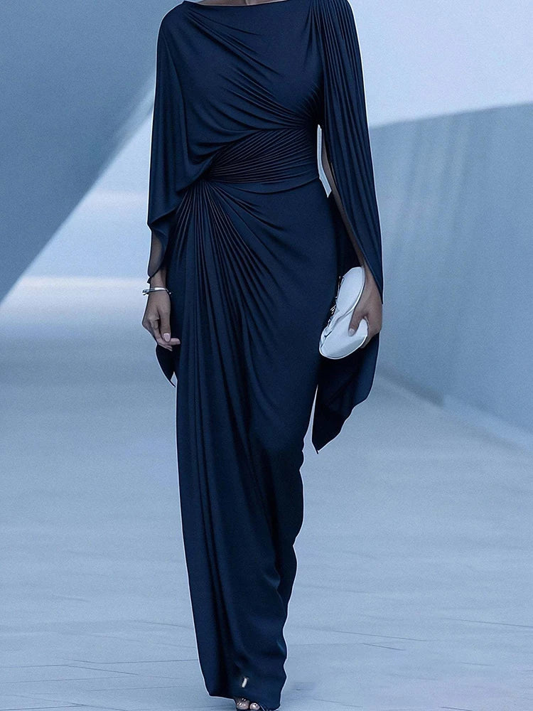 Elegant High Waist Solid Color Banquet Dress Lady Leisure Irregular Long Sleeve Dress Sexy Slash Collar Pleat Slim Evening Dress Secondary image